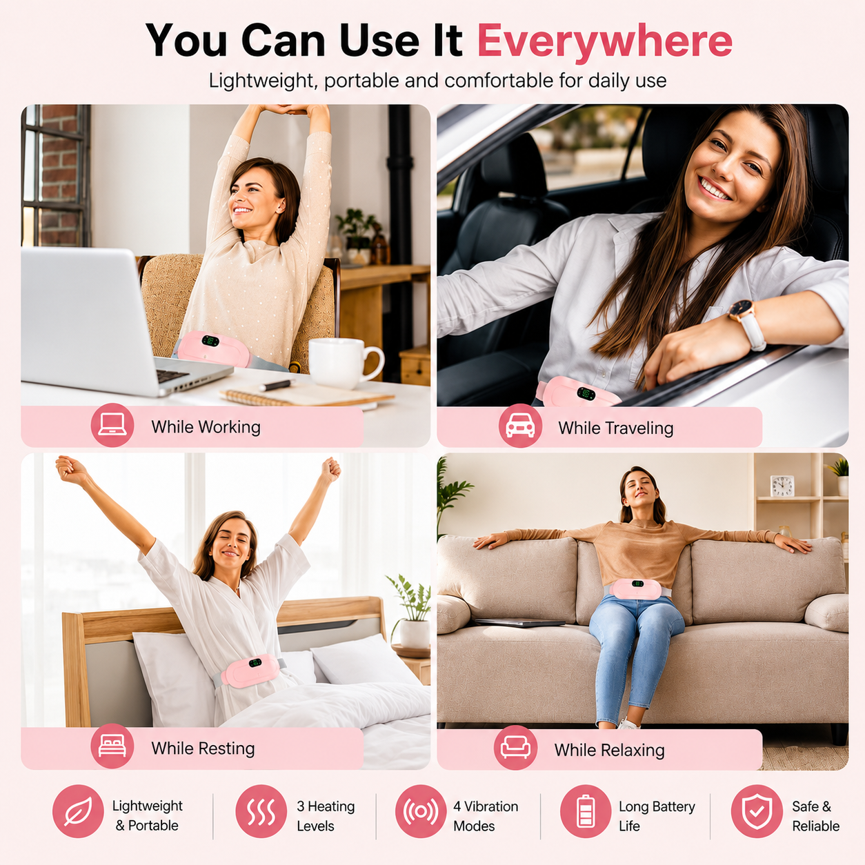 Period Cramp Relief Heating Pad Pain Device with 4 Massage Modes for Menstrual Pain and Belly or Back Pain Relief, LED Display, Comfortable Bel